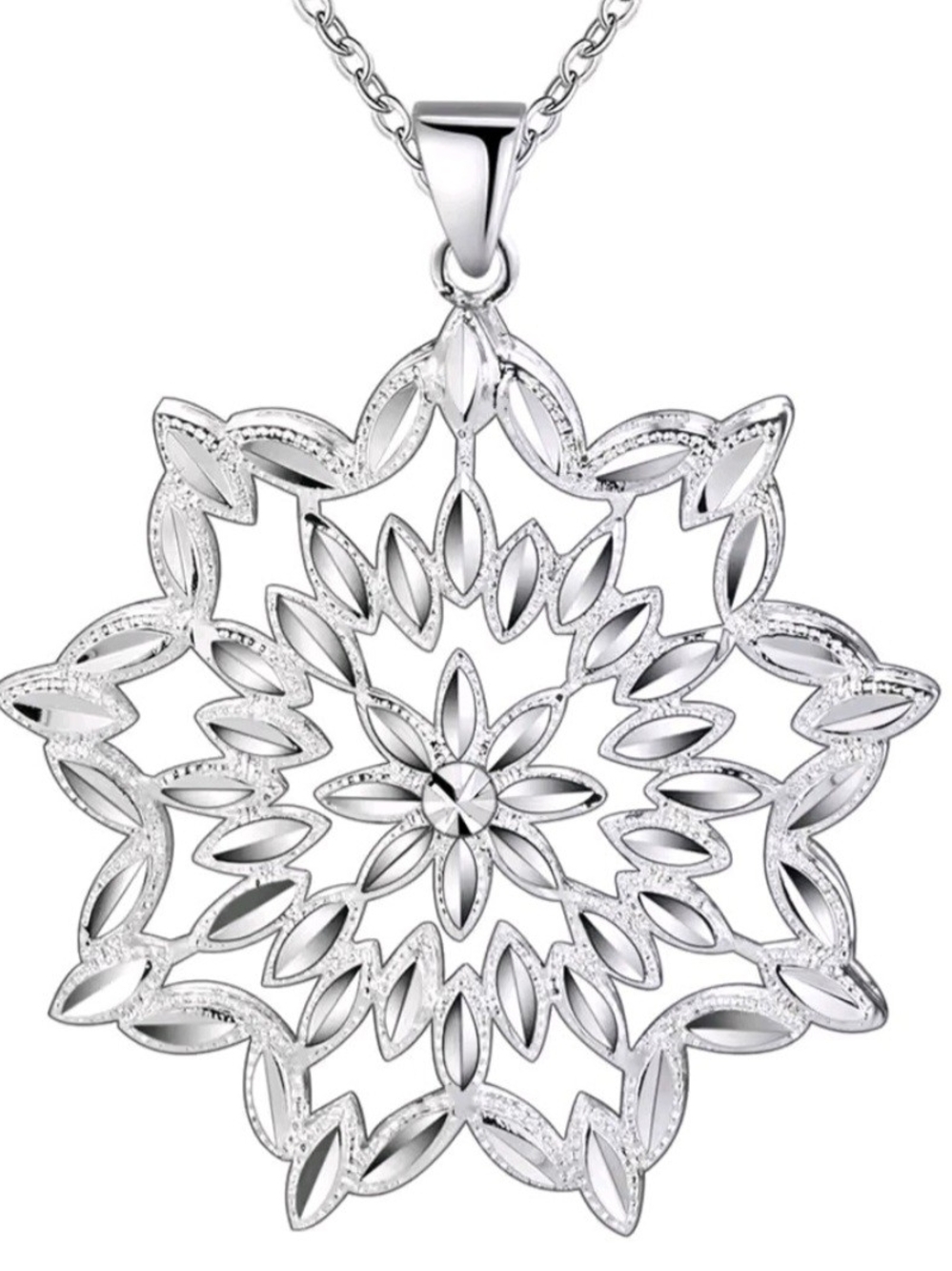 Sterling Silver Floral Snowflake Pendant Necklace - Silver
